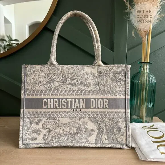 EUC Christian Dior Book Tote Toile De Jouy Ecru Gray Medium - Picture 1 of 16